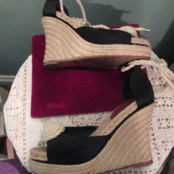 Kate Spade Black Satin Espadrilles Wedge Rope Lace Up Size 7 - Picture 7 of 9